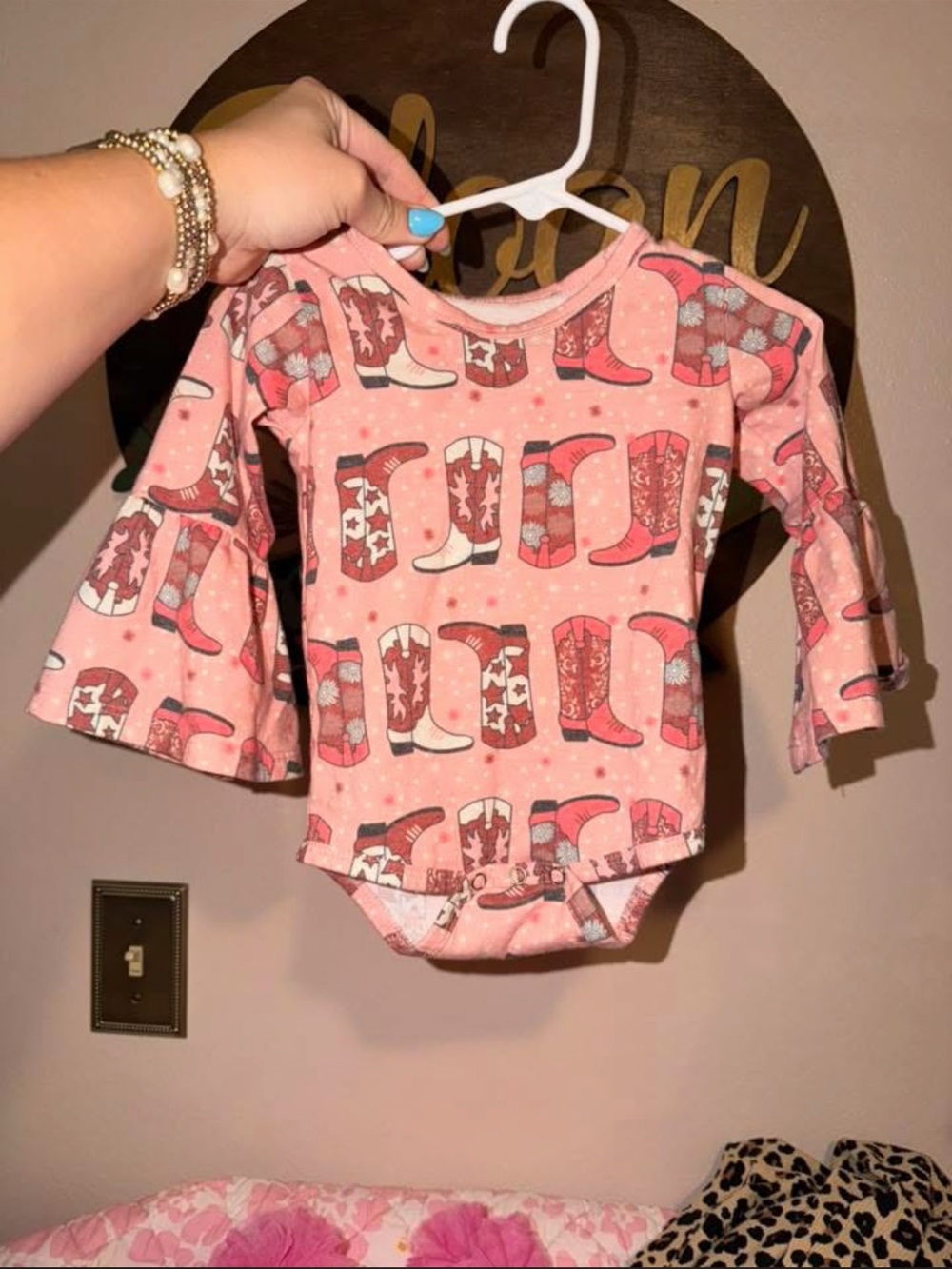 Girls' Pink Cowboy Boot Print Bell-Sleeve Bodysuit